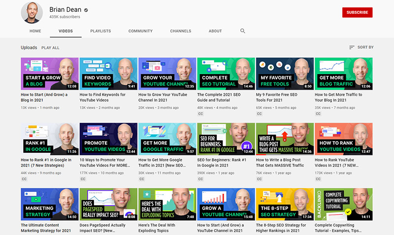Brian Dean's YouTube Channel Thumbnails