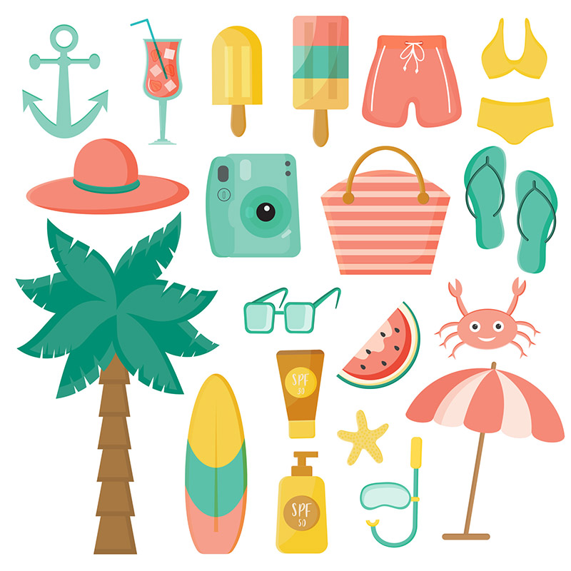 Set of cute summer elements with beach attributes
