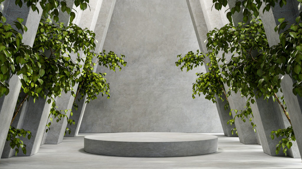 Mock up concrete podium for product presentation with tree and a cement background.3D rendering